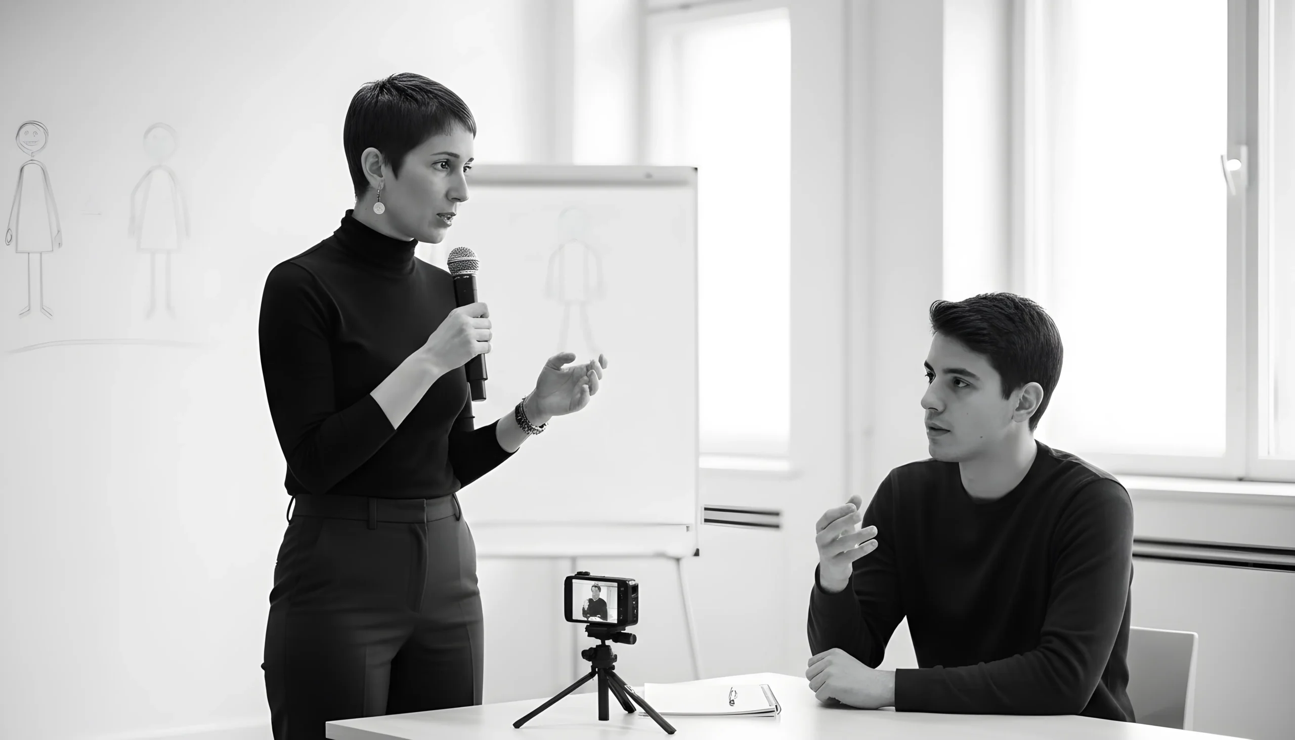 Entrenamientos Individuales Mujer presentando y hombre escuchando en reunión.
