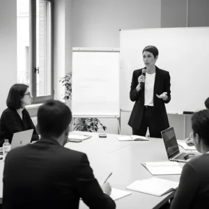 Reunión corporativa con presentación y discusión en oficina.