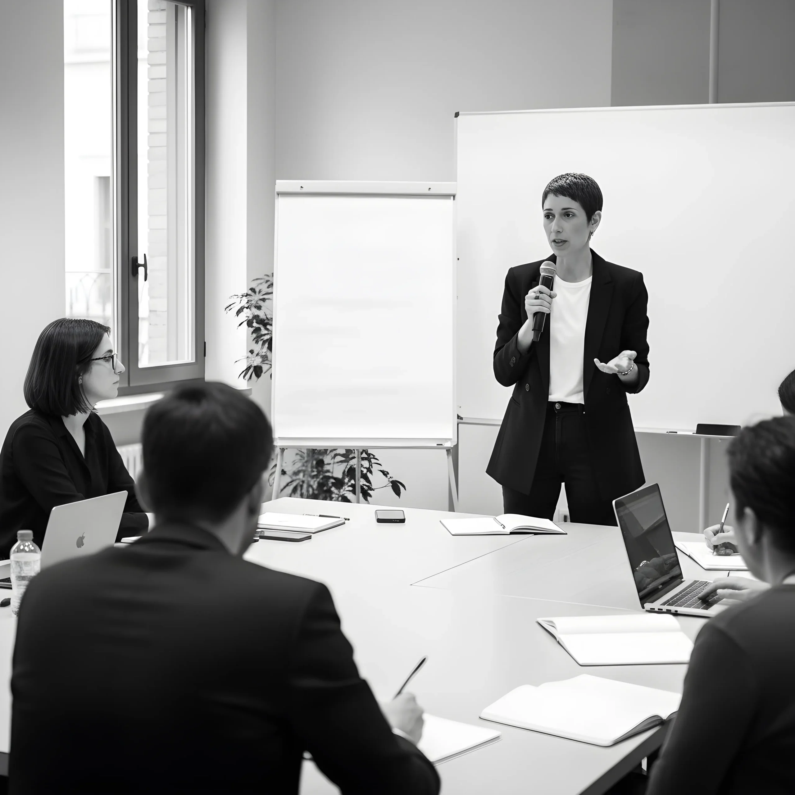 Reunión corporativa con presentación y discusión en oficina.
