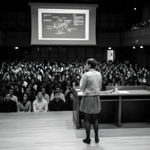 Conferencia frente a gran audiencia en salón.