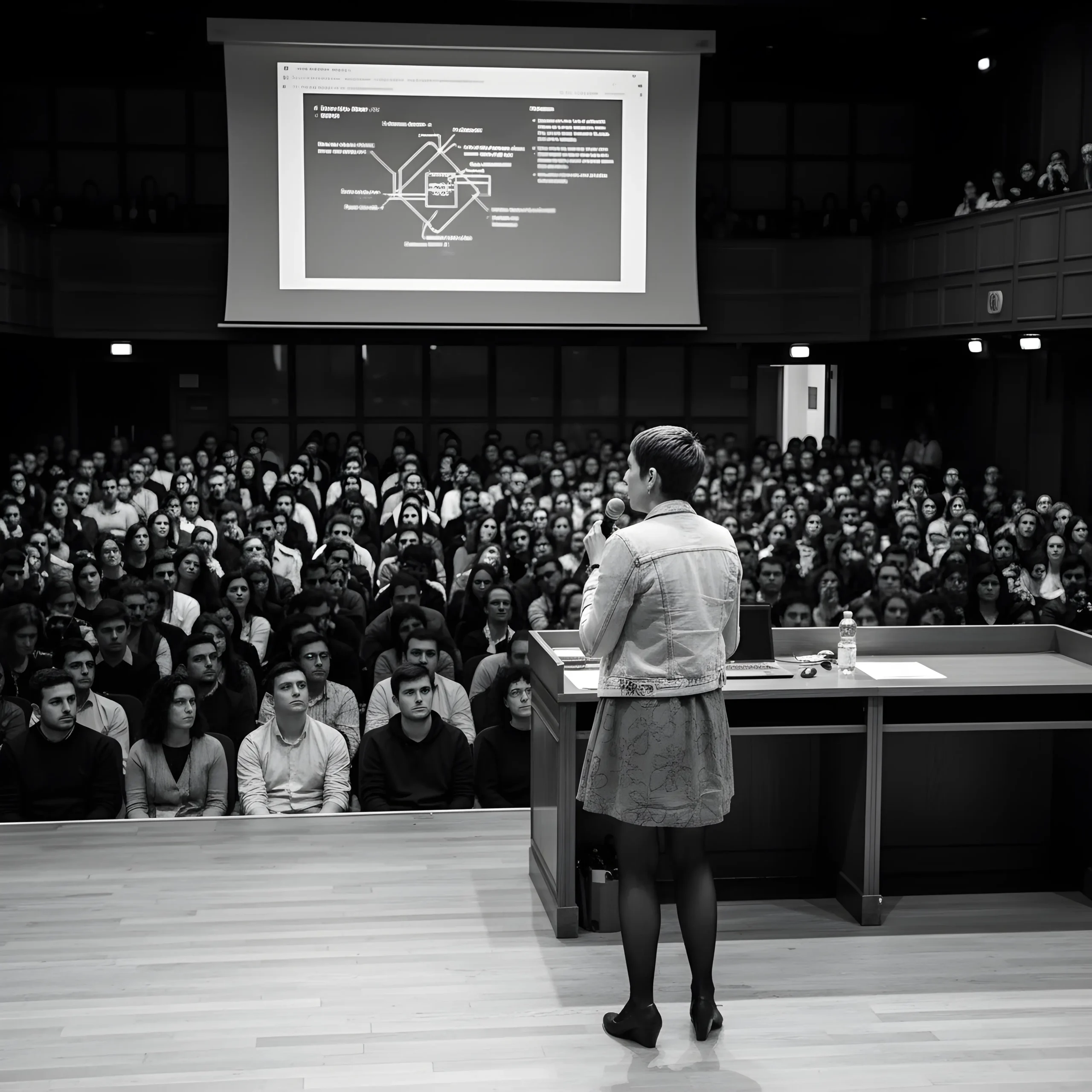 Conferencia frente a gran audiencia en salón.