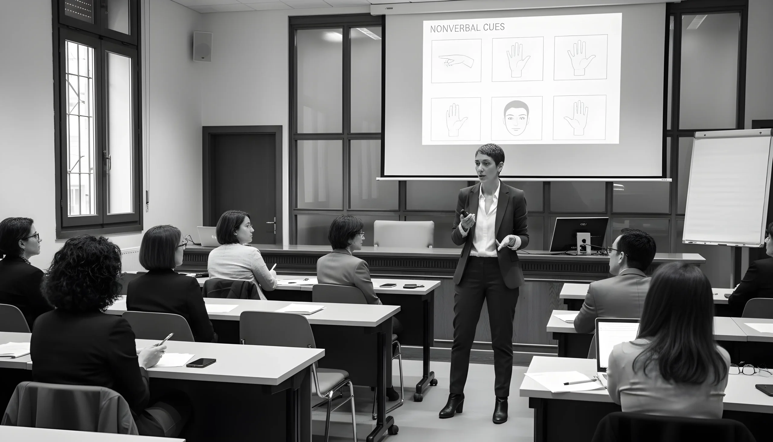 Workshops y Talleres Conferencia sobre comunicación no verbal, mujer presentando.