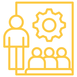 Workshops y Talleres Presentación con personas y engranaje, concepto de trabajo.